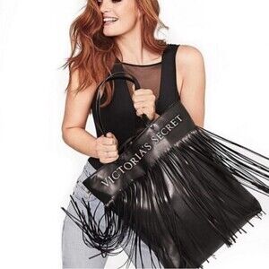 Victoria’s Secret Black Faux Leather Fringe Tote Bag NWT